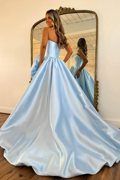 A-Line Strapless Red Satin Prom Dresses with Handmade Flower VK26012707