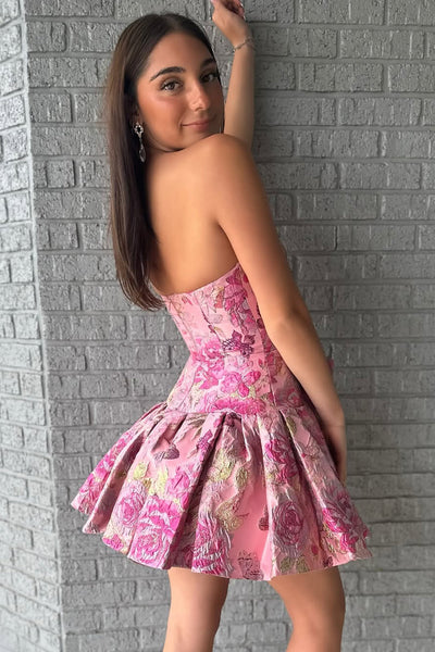 Sweet Strapless Neck Jacquard Satin Homecoming Dress VK090803