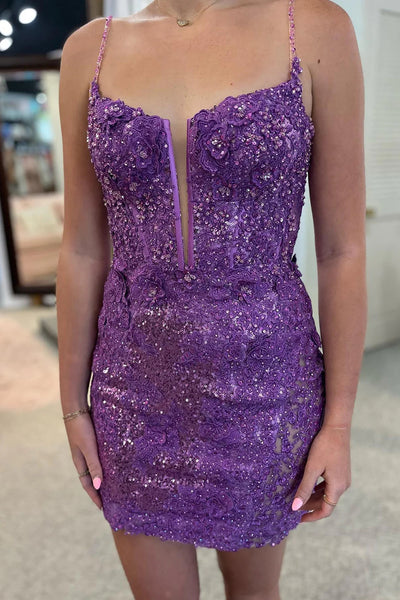 Sparkly Purple Sequin Lace-Up Tight Short Homecoming Dress VK23091806