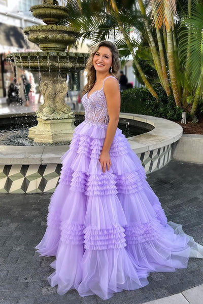 Lilac Sweetheart Ruffle Tiered Tulle  A-Line Long Prom Dress VK23121606