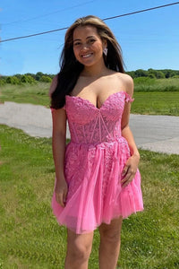Princess A-line Hot Pink Lace Appliques Short Homecoming Dresses VK23082204