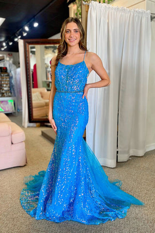 Mermaid Scoop Neck Blue Sequins Appliques Long Prom Dresses VK24022805