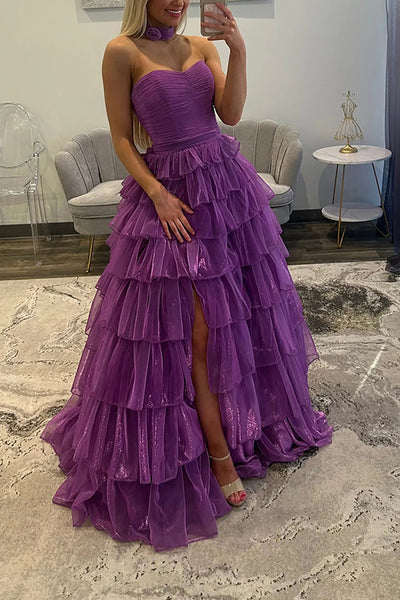 Gilitter Ball Gown Strapless Purple Organza Ruffle Tiered Prom Dresses with Slit VK26010704