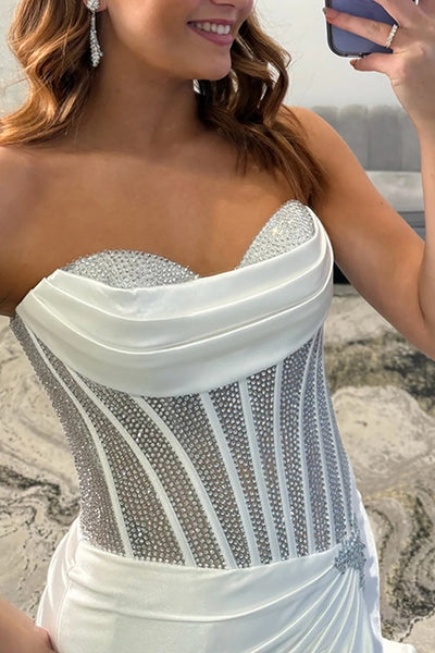Mermaid Strapless Gold Satin Beaded Long Prom Dresses with Slit VK26010703