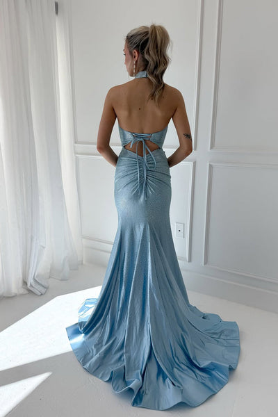 Sparkly Mermaid High Neck Light Blue Satin Prom Dress with Rhinestones VK110207
