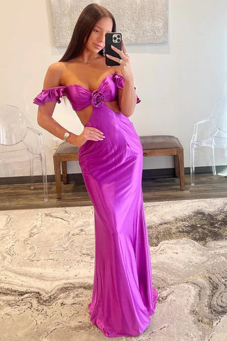 Violet Flutter Sleeve Cutout Mermaid Fitted Prom Dresses VK24011103