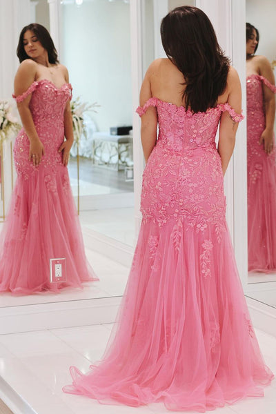 Pink Mermaid Off the Shoulder Tulle Long Prom Dress with Appliques VK23120703