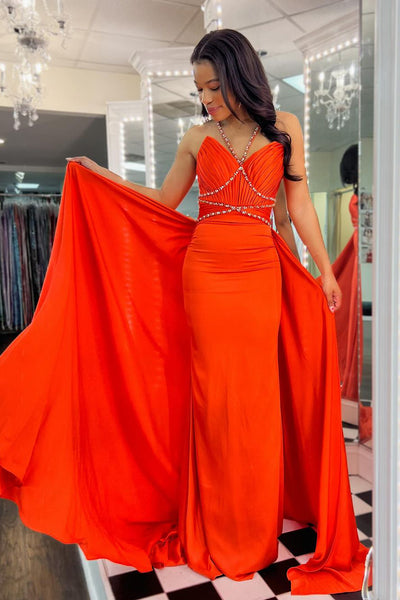 Orange Halter Beaded Long Prom Dresses with Train VK24032005
