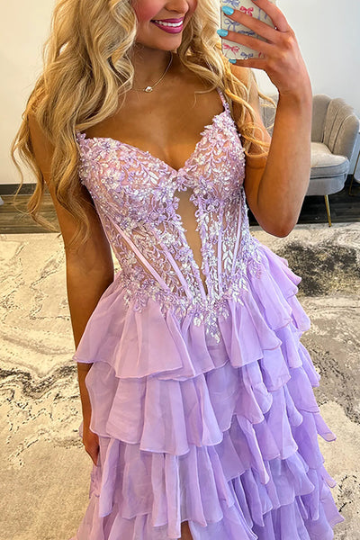 A-Line Spaghetti straps Lilac Ruffle Tiered Chiffon Long Prom Dress with Slit VK26010605