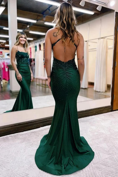 Sparkly Dark Green Beaded Long Prom Dress with Appliques VK23092706