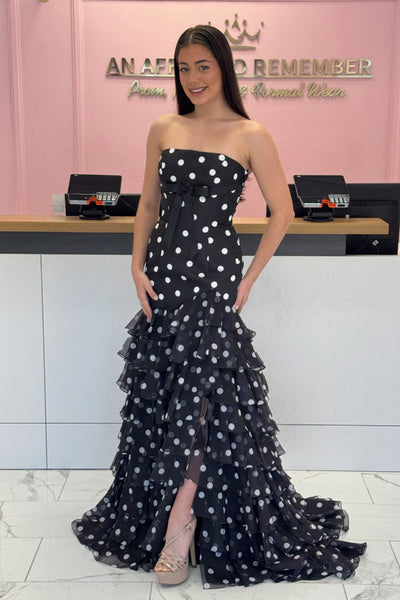 Cute Mermaid Strapless Black White Dot Long Prom Dresses with Ruffle Slit VK25111904