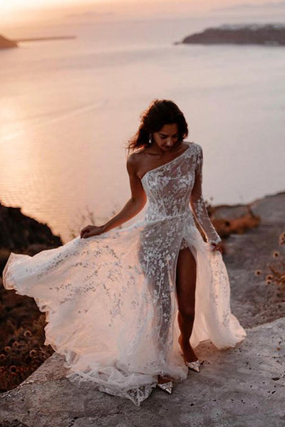 Charming A-Line One Shoulder White Lace Beach Wedding Dresses with Slit VK25111501