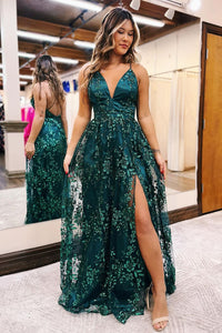 Dark Green Sequin Lace V Neck Long Prom Dress with Slit VK24010403