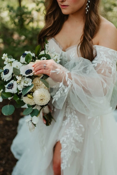 Fairy A Line Off the Shoulder Long Sleeves Tulle Wedding Dress with Lace VK25052607