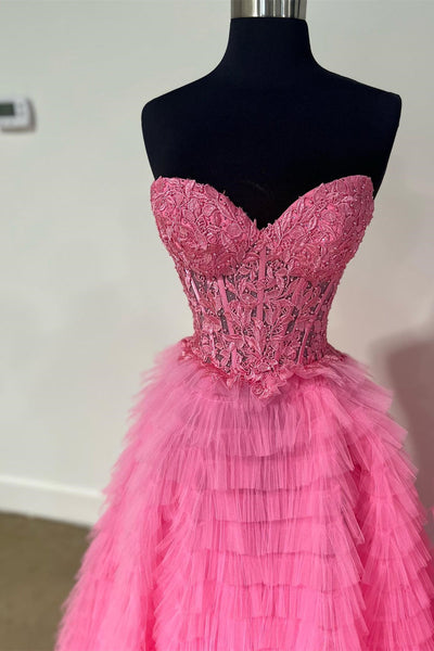 A-Line Yellow Appliques Sweetheart Ruffle Tiered Tulle Prom Dress VK23112112