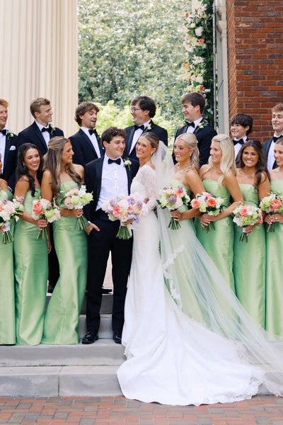 Sheath Strapless Sage Green Satin Long Bridesmaid Dresses VK26081307