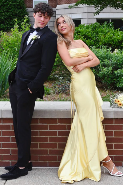 Yellow Strapless Pleats Satin Long Formal Prom Dresses with Slit VK26011705