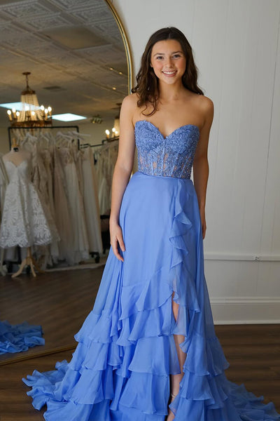 Cute A Line Sweetheart Dusty Blue Chiffon Long Prom Dress with Slit VK020303