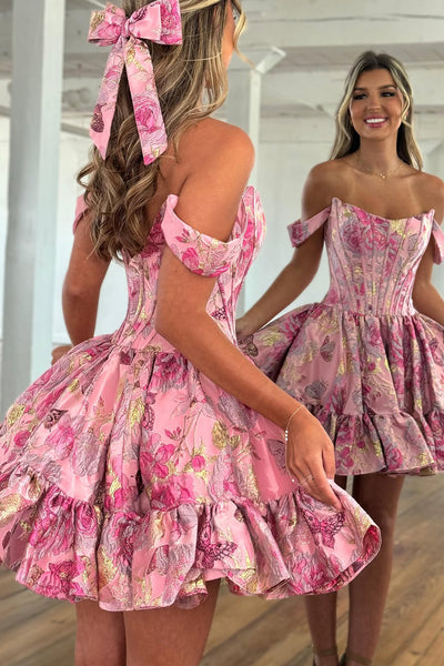 A Line Off the Shoulder Pink Jacquard Satin Short Homecoming Dress VK26060901