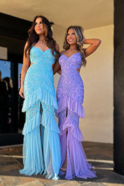 Light Blue Sequin Appliques V Neck Mermaid Long Prom Dress VK23122506
