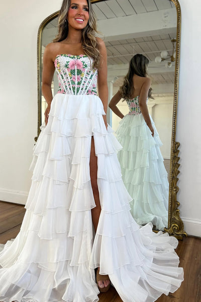 Gorgeous A Line Strapless White Tiered Chiffon Prom Dress with Beading VK16020312