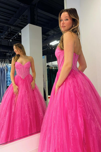 Pink Strapless Organza A-Line Long Prom Dresses with Beading VK24041002