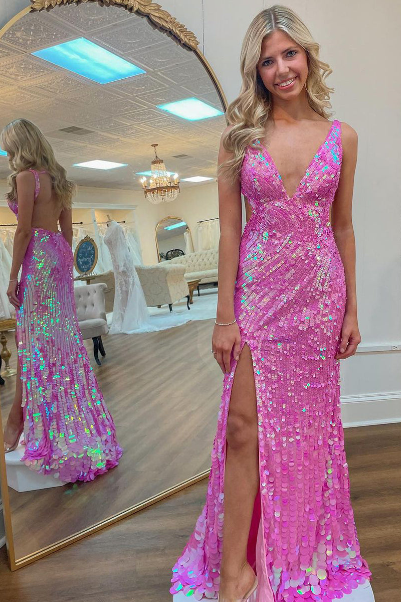 Pretty Pink V Neck Sequins Mermaid Backless Long Prom Dress VK23122502