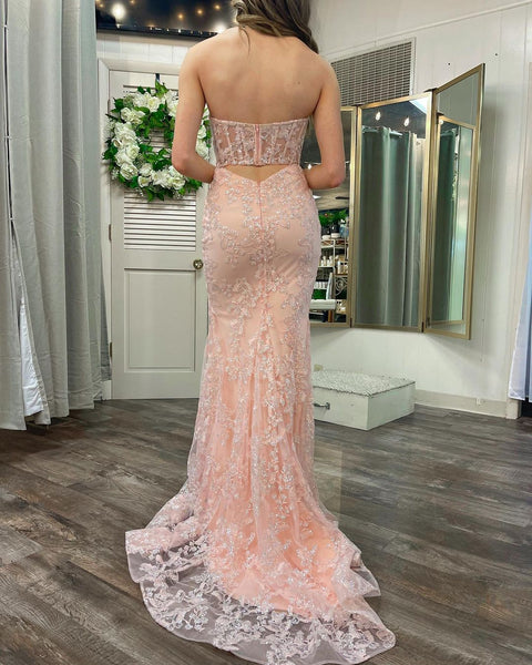 Cute Mermaid Sweetheart Blush Pink Glitter Lace Long Prom Dresses VK23051804