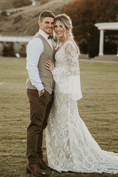 Boho Mermaid V Neck Lace Wedding Dresses with Appliques VK25051103