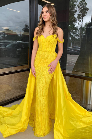 Yellow Off the Shoulder Sequin Long Prom Dresses with Detachable Train VK24022905
