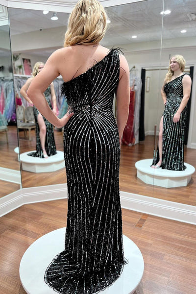 Black One Shoulder Sequins Mermaid Prom Dress with Feather VK24030502