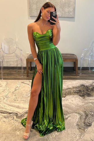 Green Strapless Pleated A-Line Long Prom Dresses VK24011503
