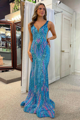 Blue V Neck Sequin Lace Mermaid Long Prom Dresses VK24011805