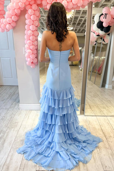 Cute Sheath Strapless Light Blue Chiffon Tiered Prom Dress