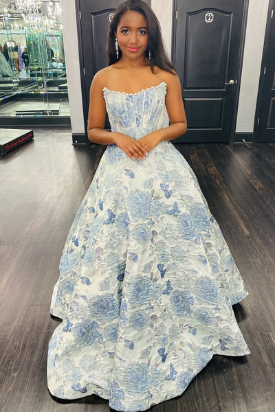 Cute A Line Scoop Neck Grey Light Blue Floral Satin Prom Dress