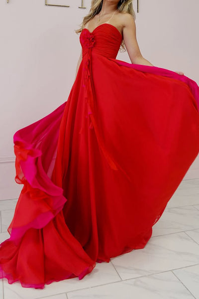 Graceful A-Line Sweetheart Red Chiffon Long Prom Dress with Handmade Flower VK26022201