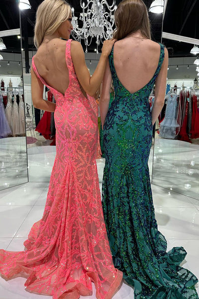 Mermaid V Neck Green Sequin Appliques Long Prom Evening Dresses VK23111803