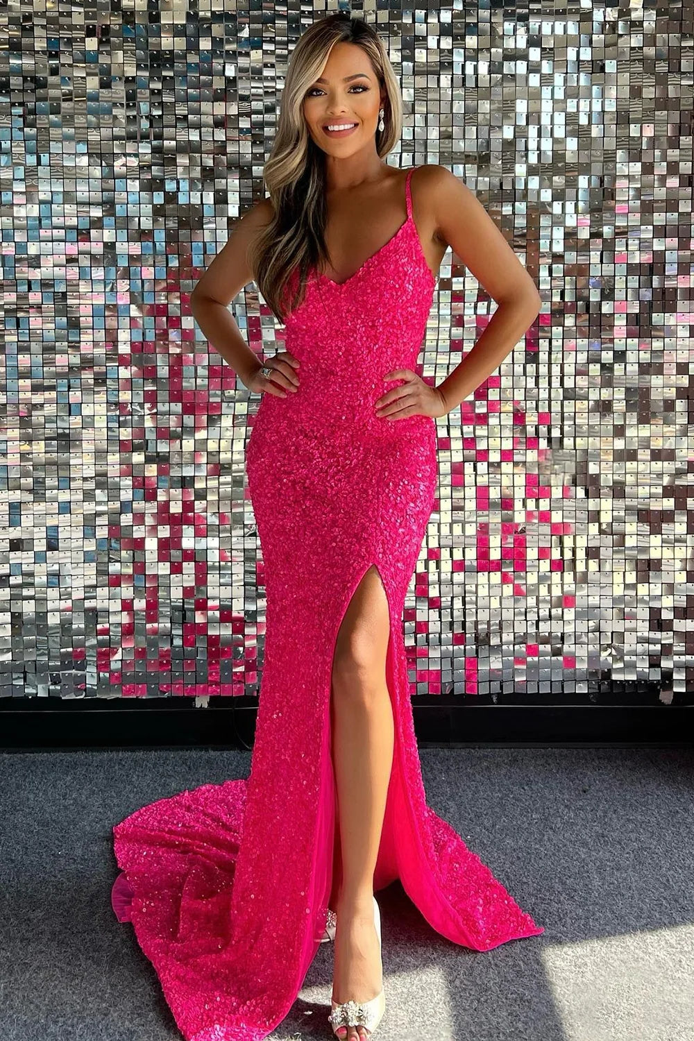 Mermaid Spaghetti Straps Hot Pink Long Prom Dress with Split Front VK23092902