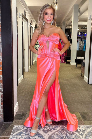 Mermaid Sweetheart Pink Satin Long Prom Dresses VK24013001