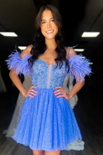 Cute A-Line Off the Shoulder Feather Short Homecoming Dress VK23082211