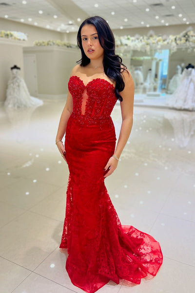 Charming Mermaid Sweetheart Red Lace Long Prom DressesVK24102814