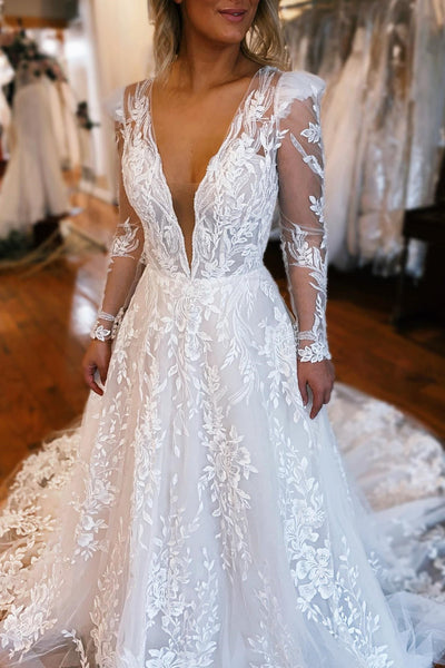 Ivory Appliques Plunge V Neck A-Line Long Wedding Dress with Long Sleeves VK23062702