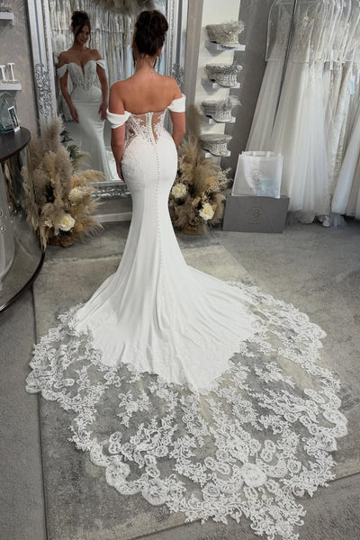 Elegant Mermaid Off the Shoulder Elastic Satin Wedding Dress with Lace VK16012912