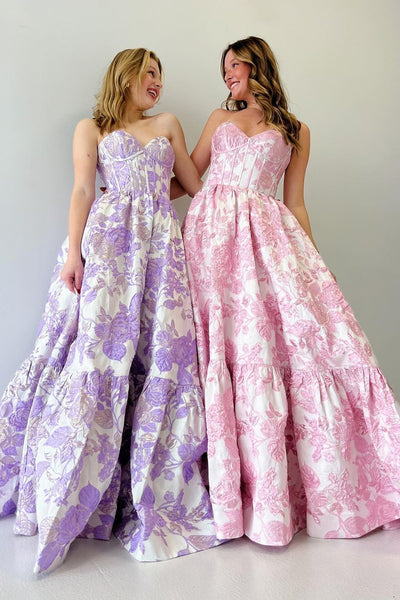 A-Line Sweetheart Floral Printed Long Prom Dresses VK24030703