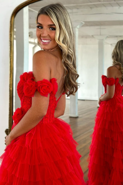 Cute A Line Off the Shoulder Red Tiered Tulle Prom Dress with Slit VK25012008