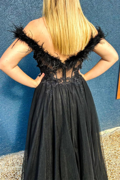 Black Feathered Off-Shoulder Floral A-line Long Prom Dress with Slit VK23112706