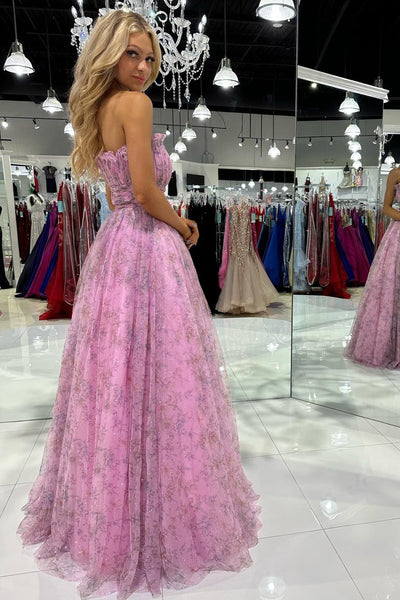 Lilac Print Strapless Ruffle A-Line Long Prom Dress VK23102607