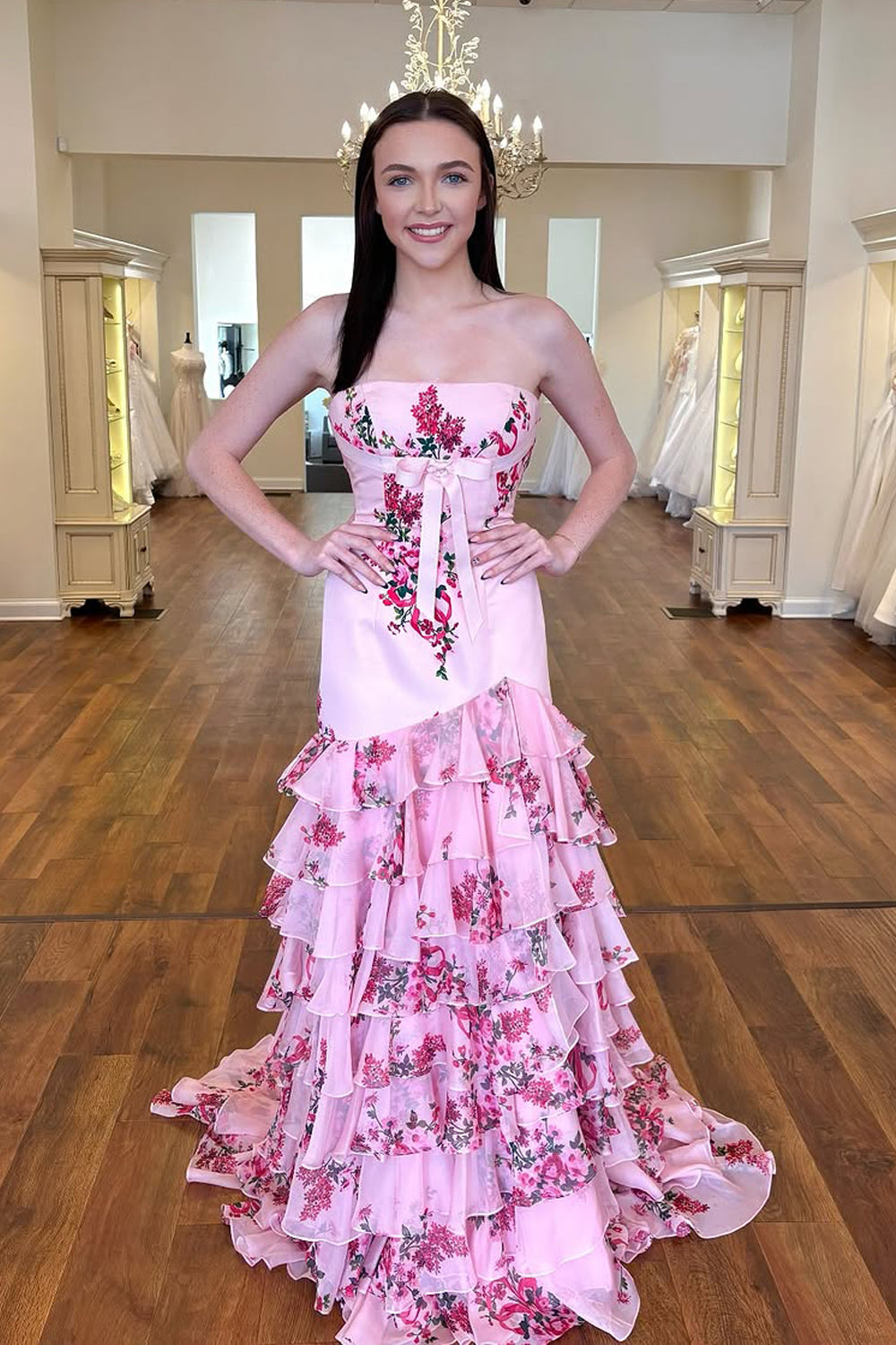 Mermaid Strapless Pink Floral Printed Ruffle Tiered Long Prom Dresses with Slit VK25032303