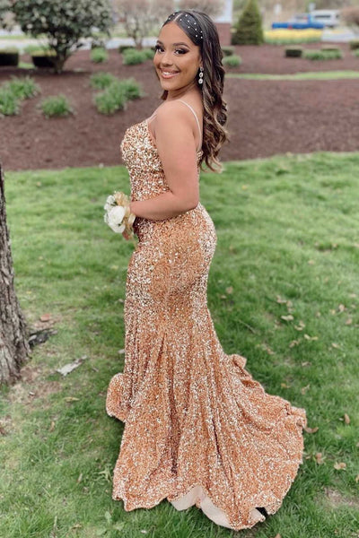 Gold Sequin V-Neck Lace-Up Mermaid Long Prom Gown VK23121208