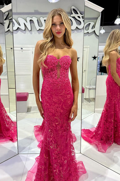Fuchsia Sweetheart Tulle Lace Long Prom Dresses with Appliques VK24020404